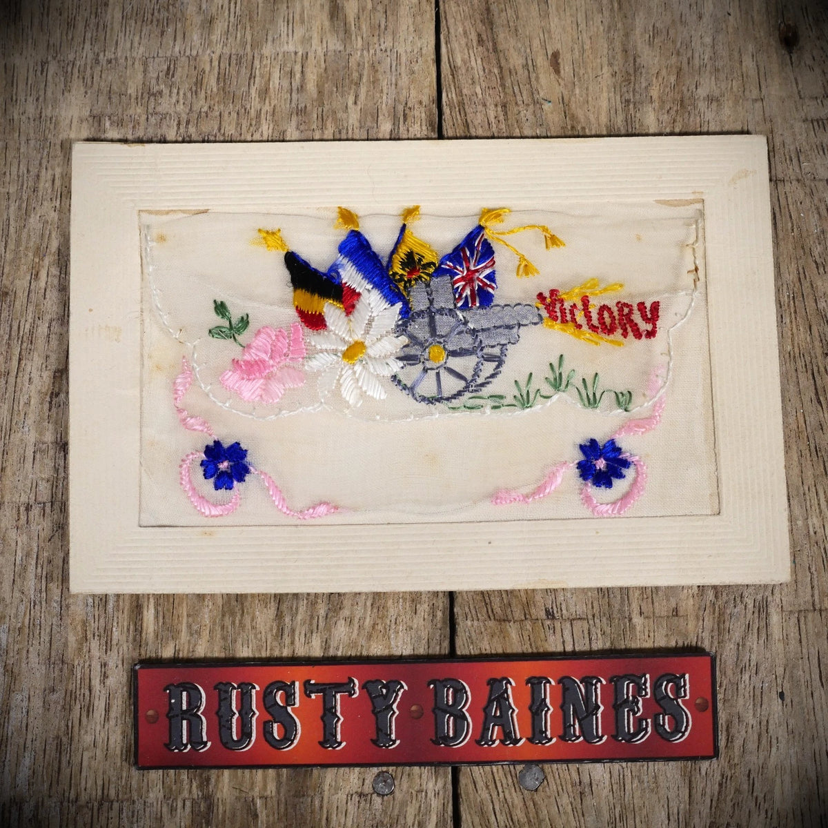 Postcard, WW1 Era Embroidered Silk, Canon Field Gun Victory Flags