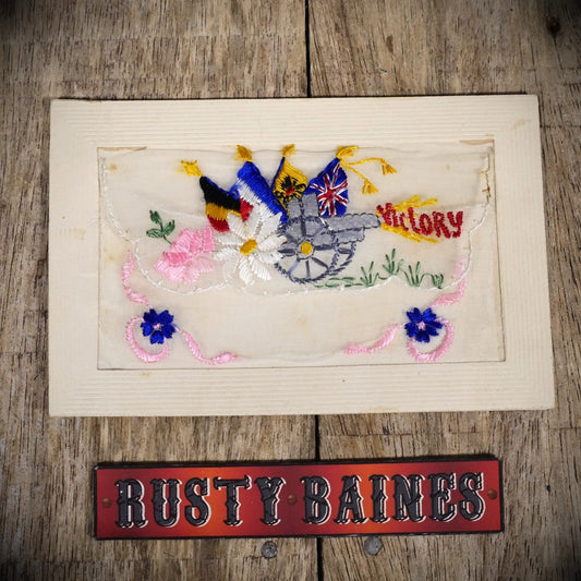 Postcard, WW1 Era Embroidered Silk, Canon Field Gun Victory Flags
