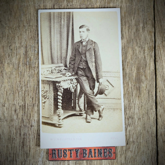 Carte de Visite (CDV) Portrait of Young Man with Antique Furniture, Hull, W J Wellsted