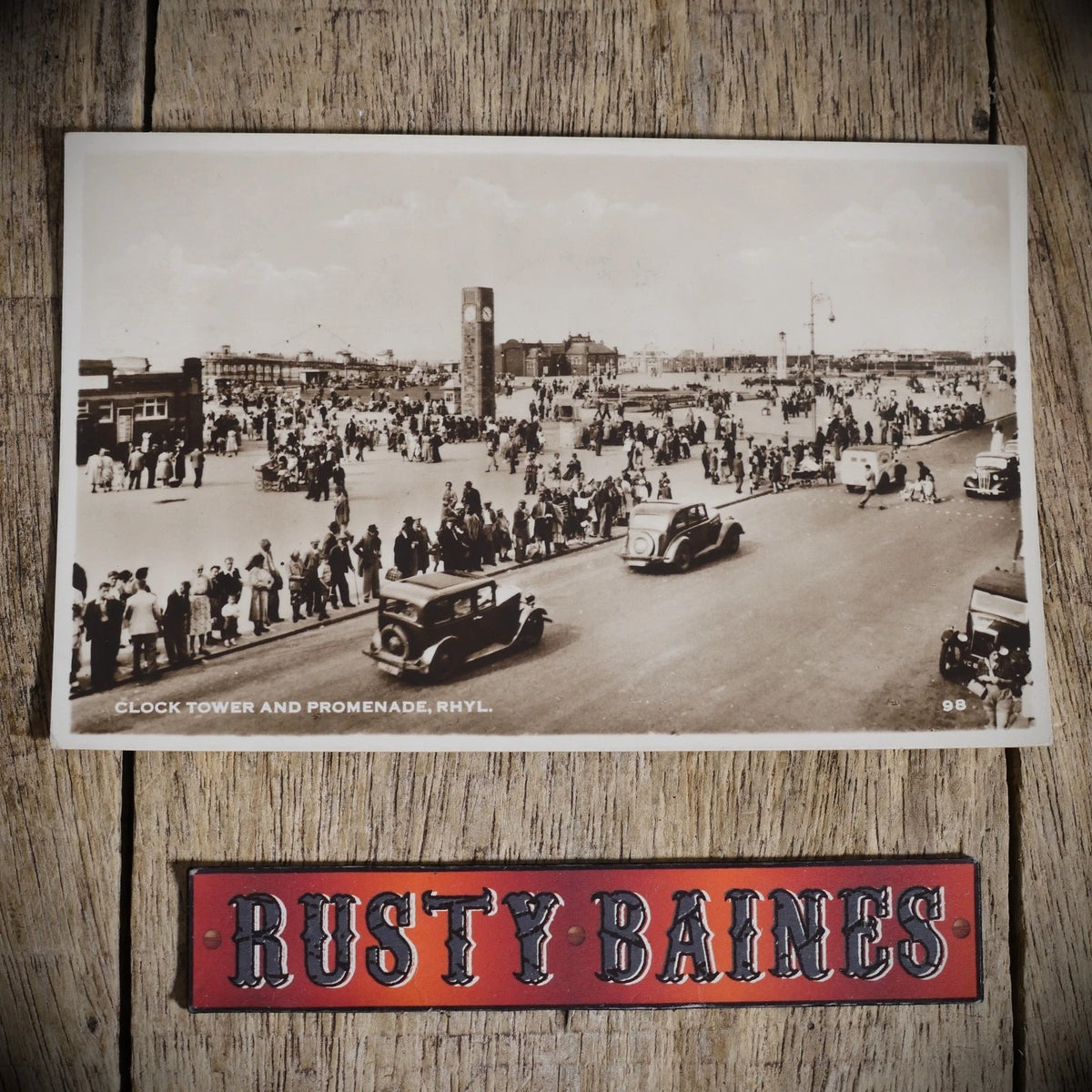 Postcard, Rhyl Clock Tower & Prom, Vintage Cars, Real Photo