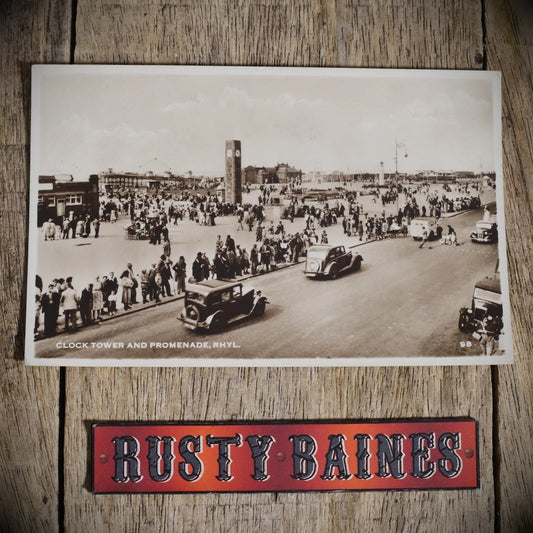 Postcard, Rhyl Clock Tower & Prom, Vintage Cars, Real Photo