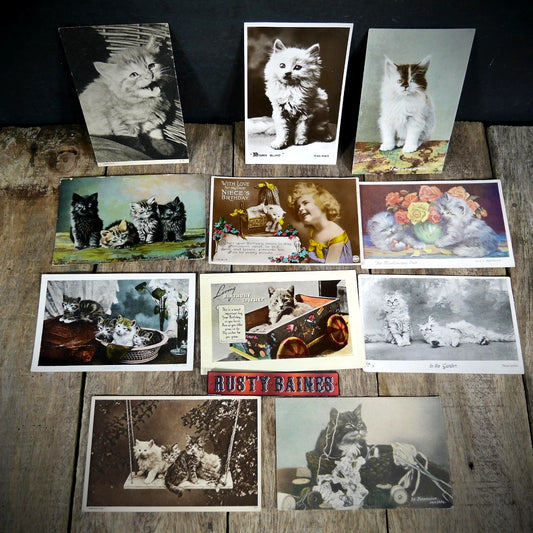 Job Lot/Bundle of Vintage Postcards, Cats & Kittens/Greetings x11
