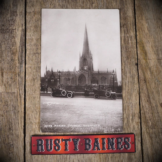 Postcard, Sheffield Parish Church/Cathedral, Vintage Cars, Real Photo