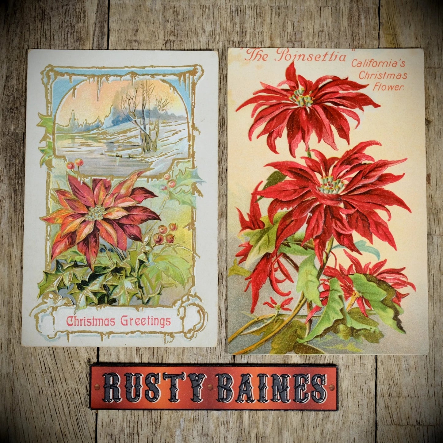 Pair of Antique Chomo-Litho Embossed Christmas Poinsettia Postcards