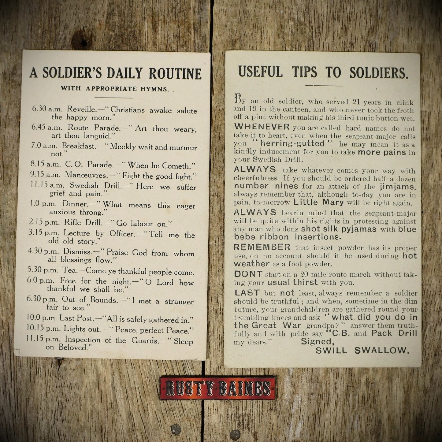 Postcard, WW1 Era Comic Soldier Tips/Daily Routine Printed