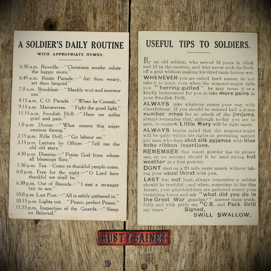 Postcard, WW1 Era Comic Soldier Tips/Daily Routine Printed