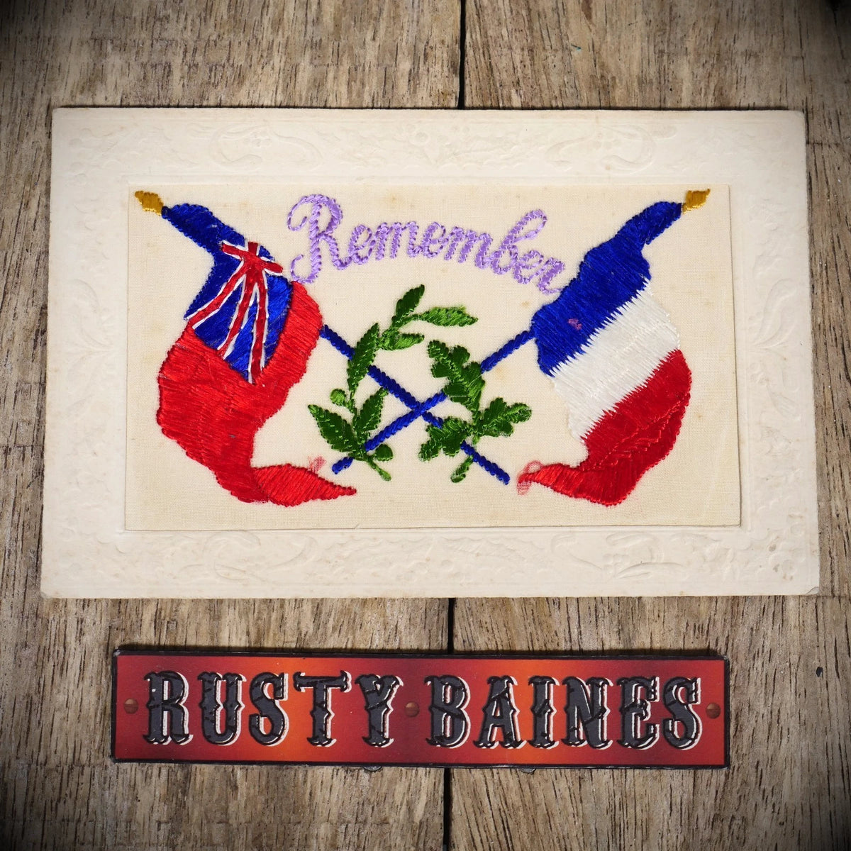 Postcard, WW1 Era Embroidered Silk, Remember, British/French Flags