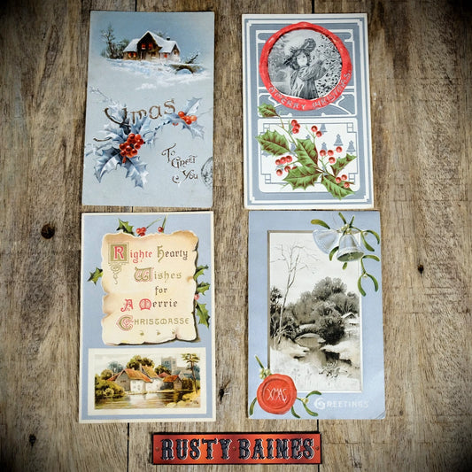 Bundle of Antique Postcards, Christmas Greetings x4, Chromo-Litho