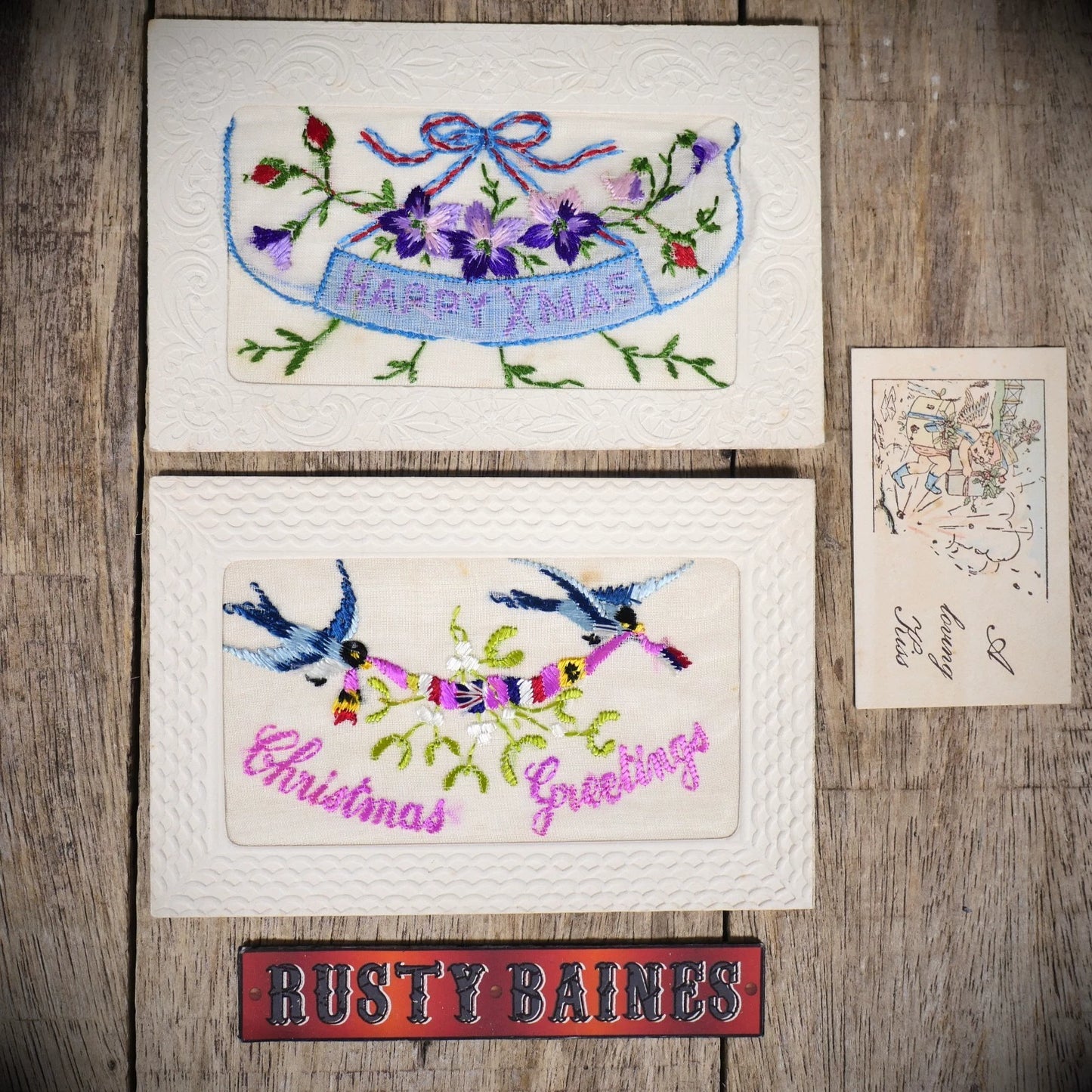 Postcards, WW1 Embroidered Silk, Floral, Birds, Christmas