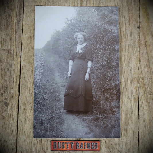 Postcard, Portrait of Edwardian Lady Outdoors, Dress, Real Photo