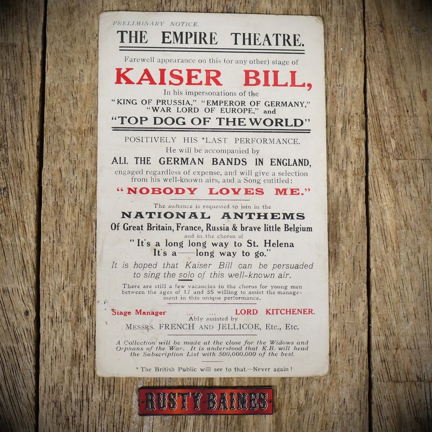 Postcard, Comic Faux Theatre Advert, Anti Kaiser WW1, Lord Kitchener