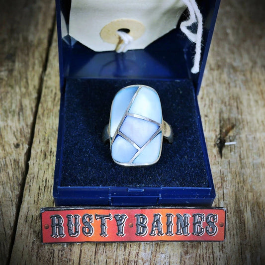 Solid Silver Ring with Inlaid Blue Mother of Pearl? Size O