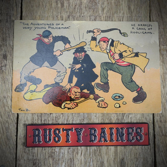 Postcard, Comic, Tom Browne, Hooligan Gang, New Recruit Policeman