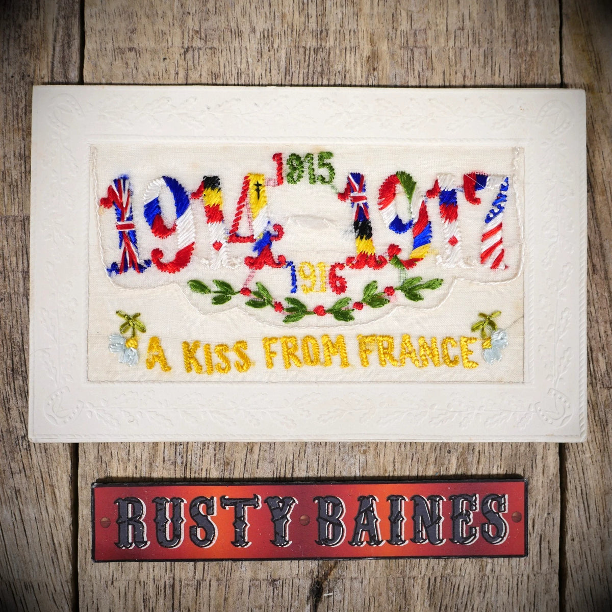 Postcard, WW1 Embroidered Silk, A Kiss From France 1914-1917 Patriotic