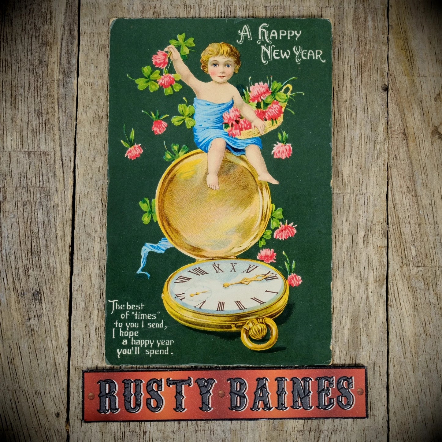 Postcard, Better Greetings, Pocket Watch Cherub New Year, Printed