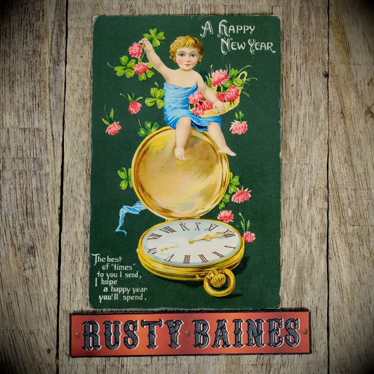 Postcard, Better Greetings, Pocket Watch Cherub New Year, Printed