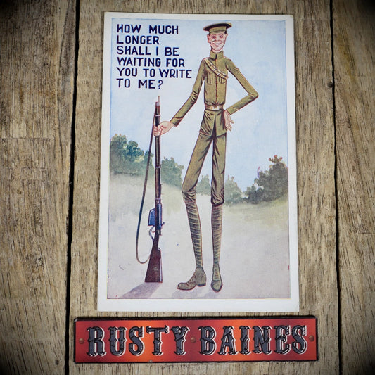 Postcard, Comic, WW1 Era Tall Skinny Soldier & Rifle, Please Write