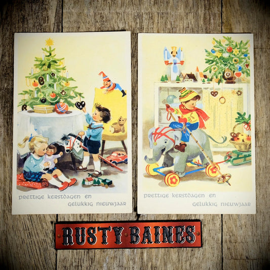 Pair of Vintage Dutch Children's Postcards, Christmas Toys, New Year