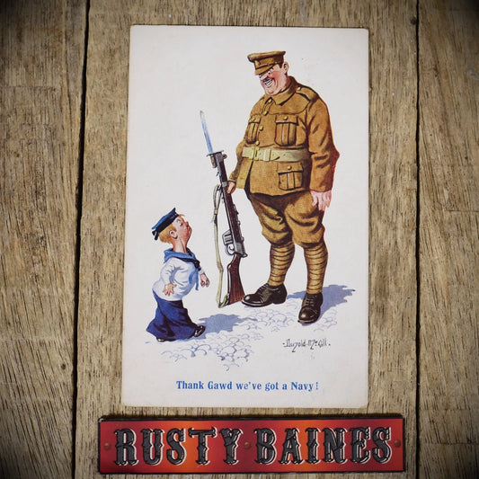 Postcard, Inter Art WW1 Donald McGill Comic, Tiny Navy Sailor, Soldier