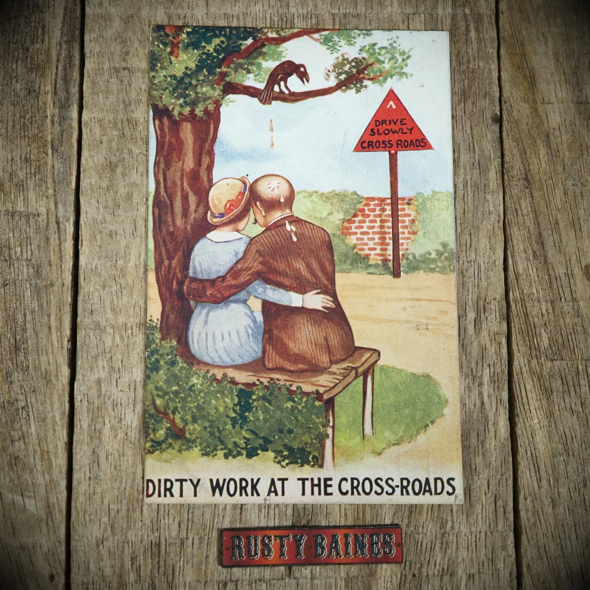 Postcard, Comic, Road Safety Sign, Bird Dropping on Romantic Lovers