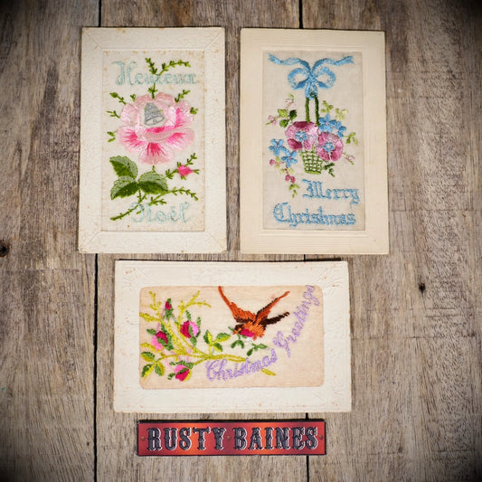Postcard Bundle, WW1 Embroidered Silk, Floral, Birds, Christmas