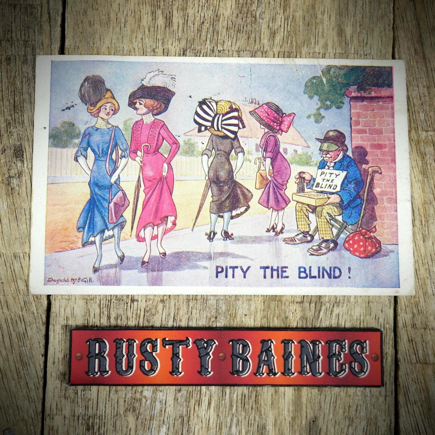 Postcard, Comic, Donald McGill, Women Flashing Legs, Blind Charity Man
