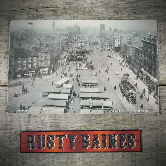 Postcard, Stockton High Street, Tram, Market Traders, Printed