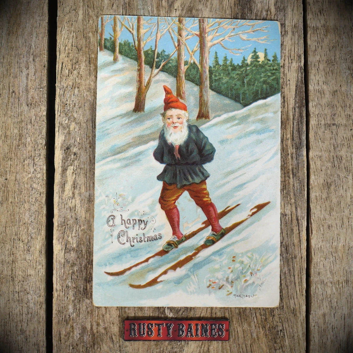 Postcard, Christmas Gnome Skiing, Better Quality Chromo Litho