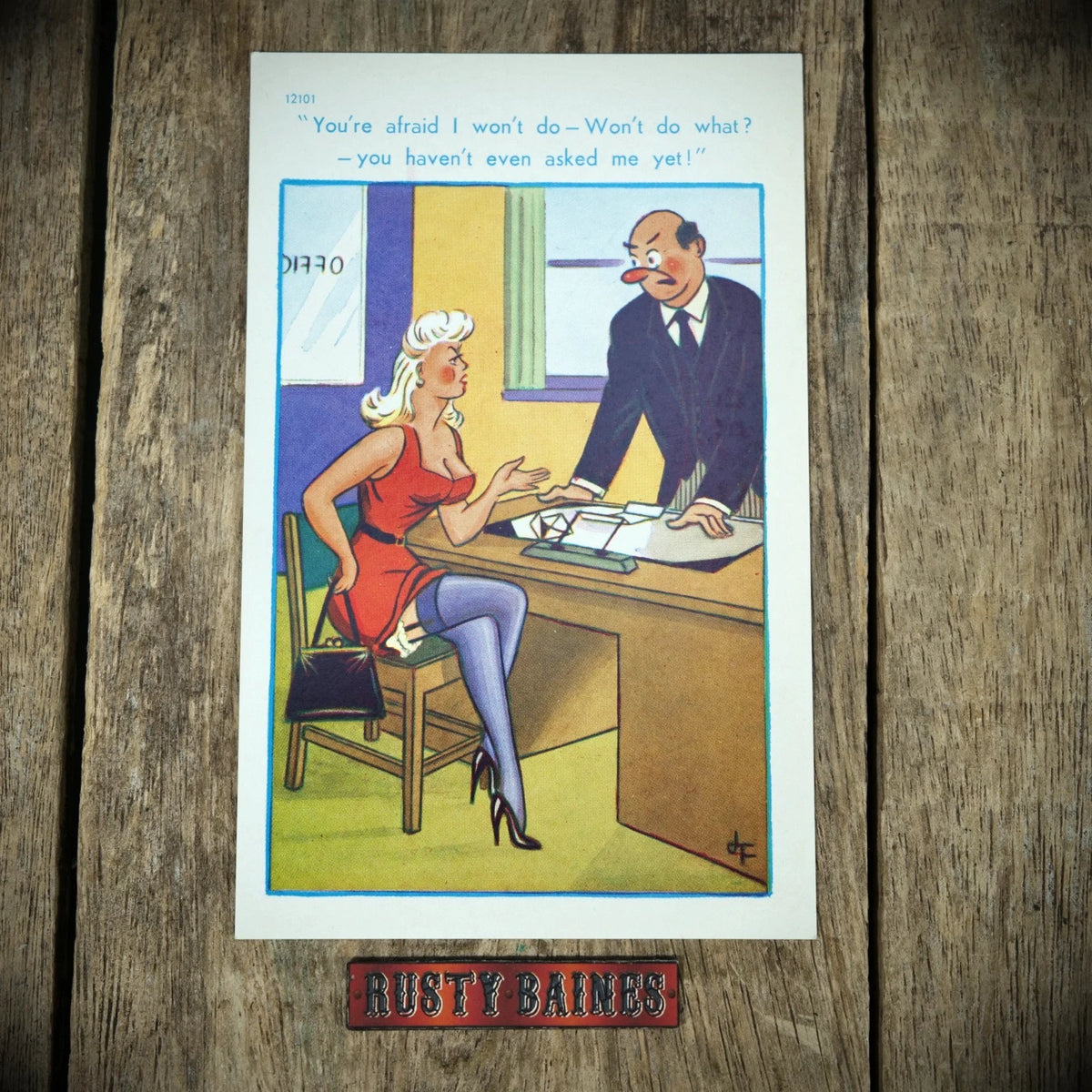 Postcard, Comic, Office Manager Boss, Blonde Woman in Stockings