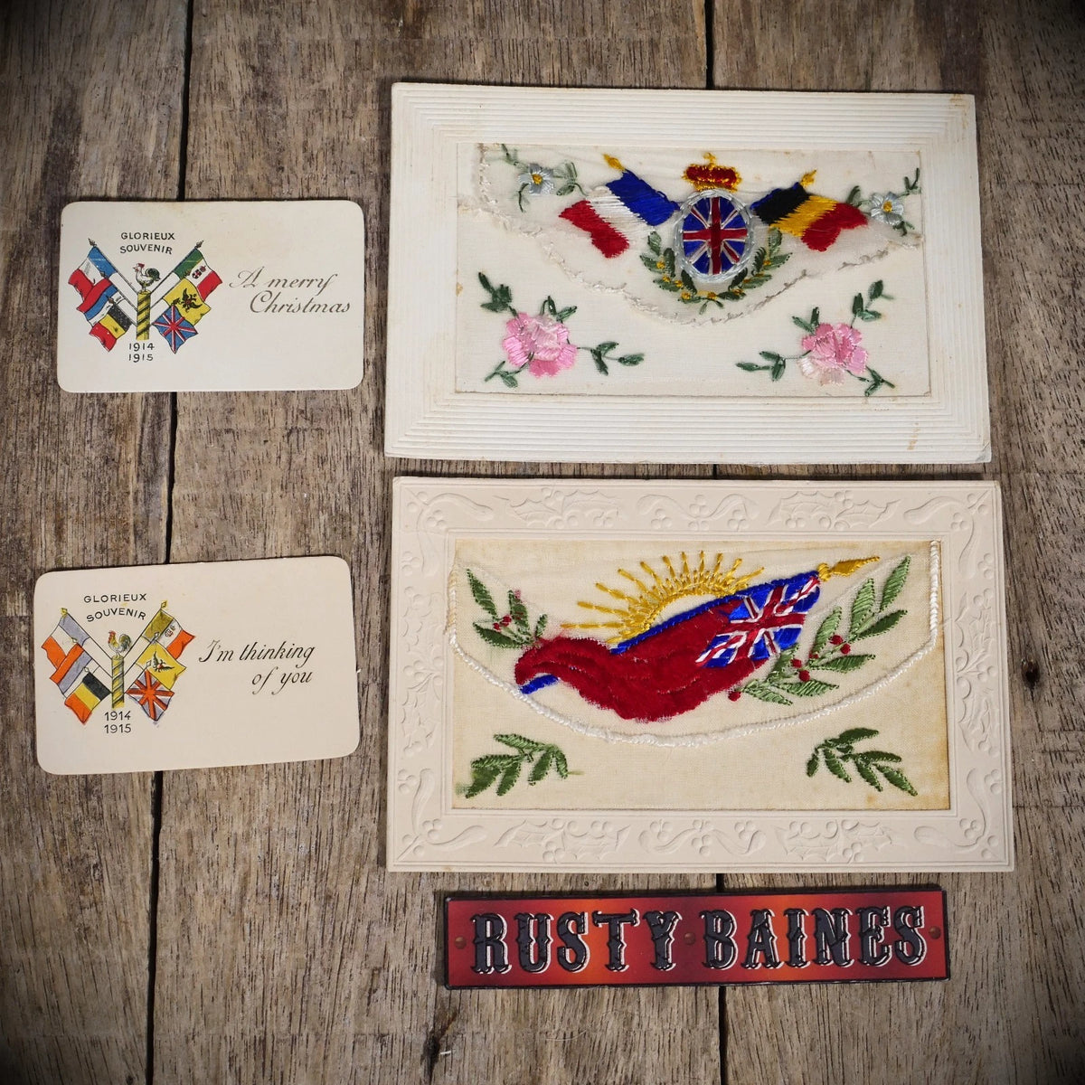 Postcard Bundle, WW1 Era Embroidered Silk Patriotic Allied Flags x2