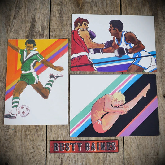 Postcard, 1984 Olympics, Robert Peak Art, Football, Boxing, Diving, Continental Size