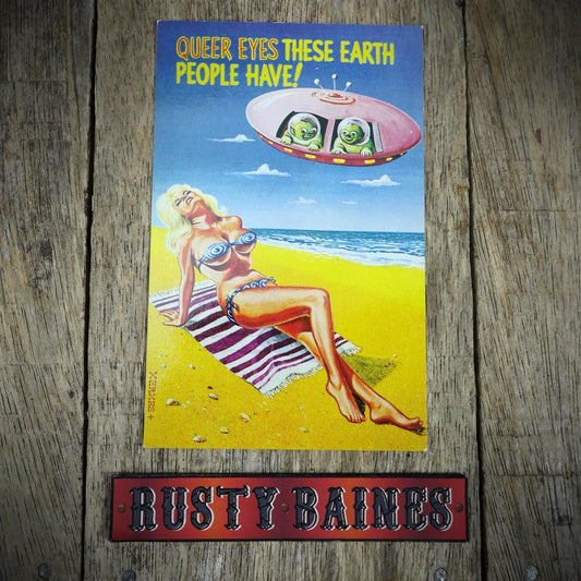 Postcard, Comic, 1960s, UFO Alien Spaceship, Curvy Bikini Glamour Girl