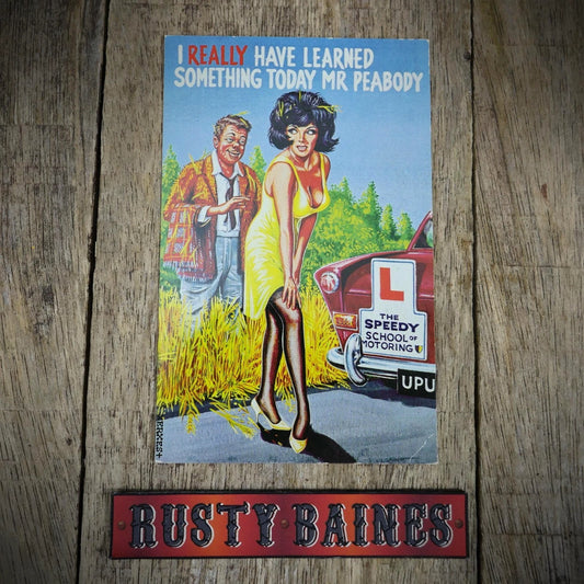 Postcard, Comic, Learner Driver Flashing Stockings, Driving School Car