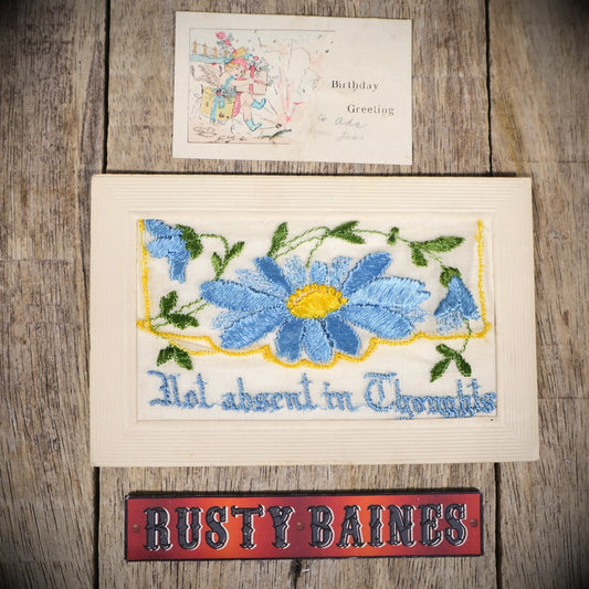 Postcard, WW1 Embroidered Silk, Absent Thoughts, Blue Flower