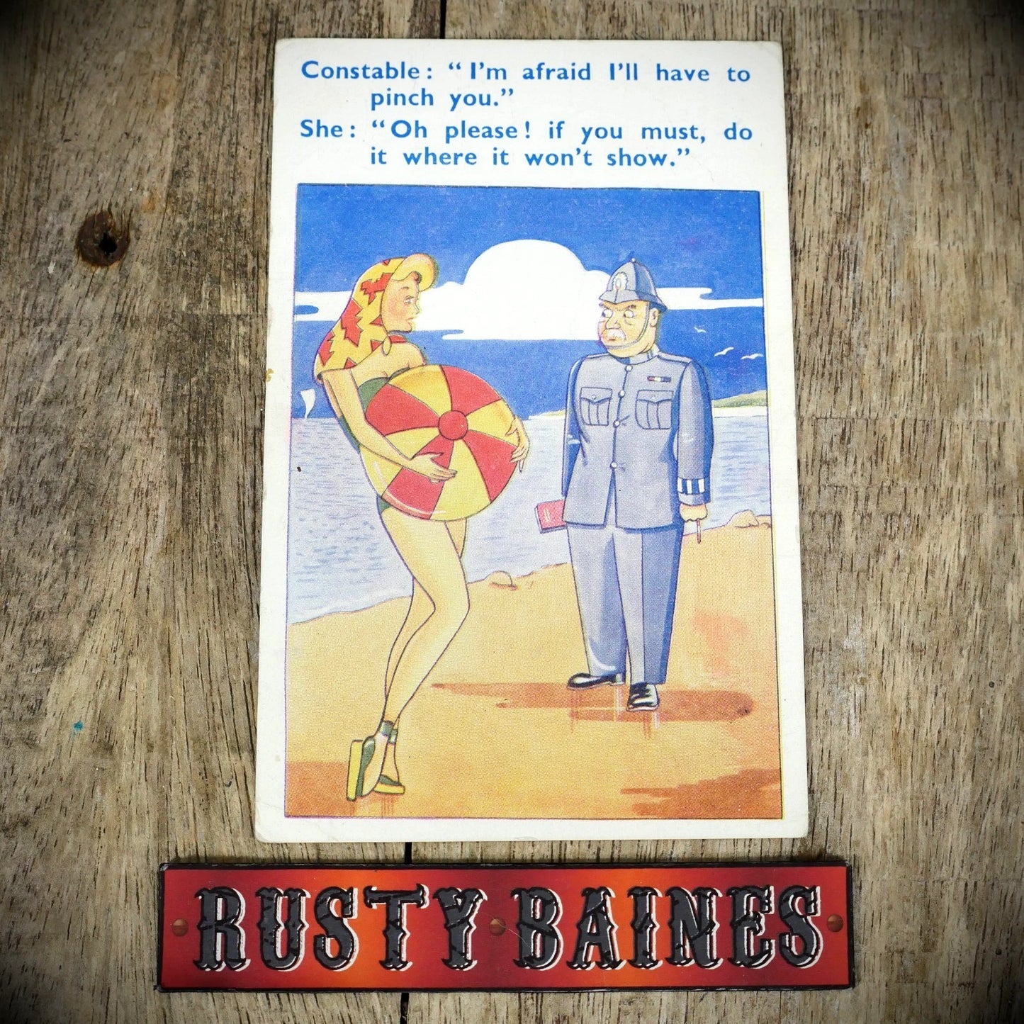 Postcard, Comic, Strict Policeman, Blonde Girl Long Legs Beach Ball