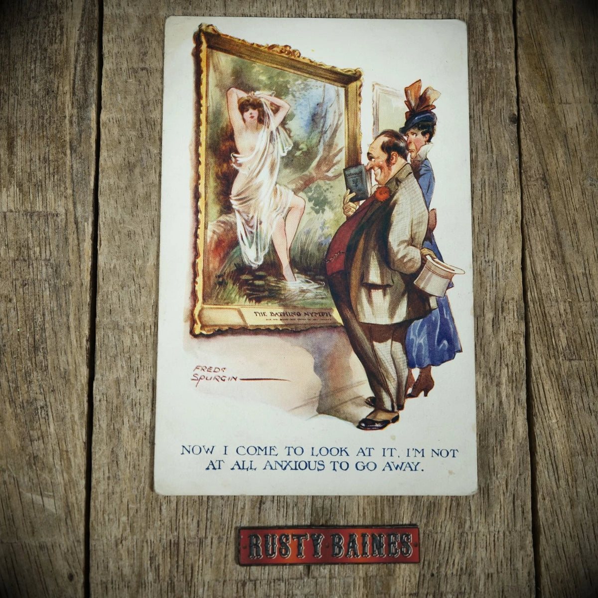 Postcard, Comic, Art Lover Man Admiring Bathing Belle Painting