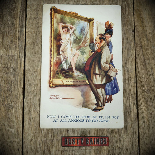 Postcard, Comic, Art Lover Man Admiring Bathing Belle Painting