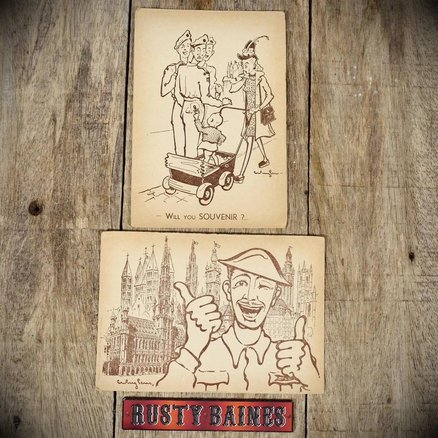 Postcards, Comic, British Soldiers in France Post WW2, Modern Size