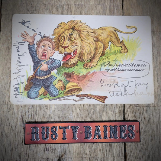Postcard, Comic, Big Game Hunter Homesick, Lion Revenge