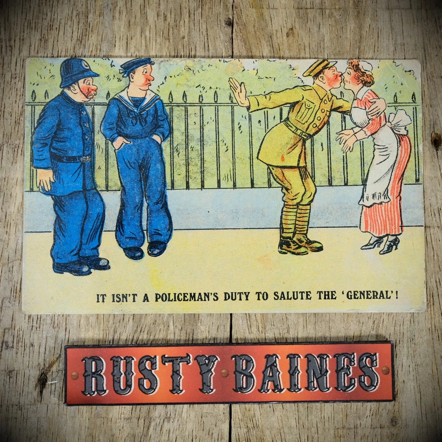 Postcard, Comic, Policeman, Sailor, Soldier General Kissing Maid