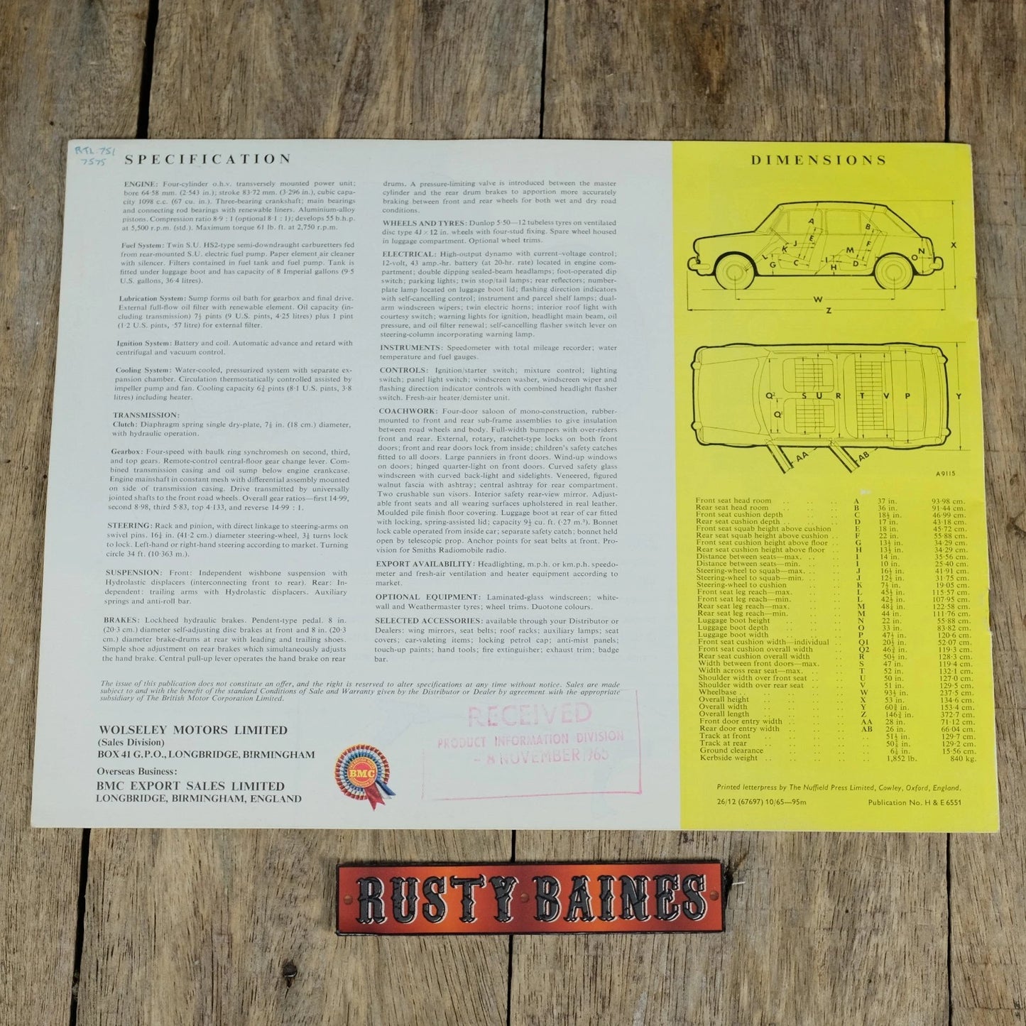 Original Car Brochure, Wolseley 1100, 1965 #6551