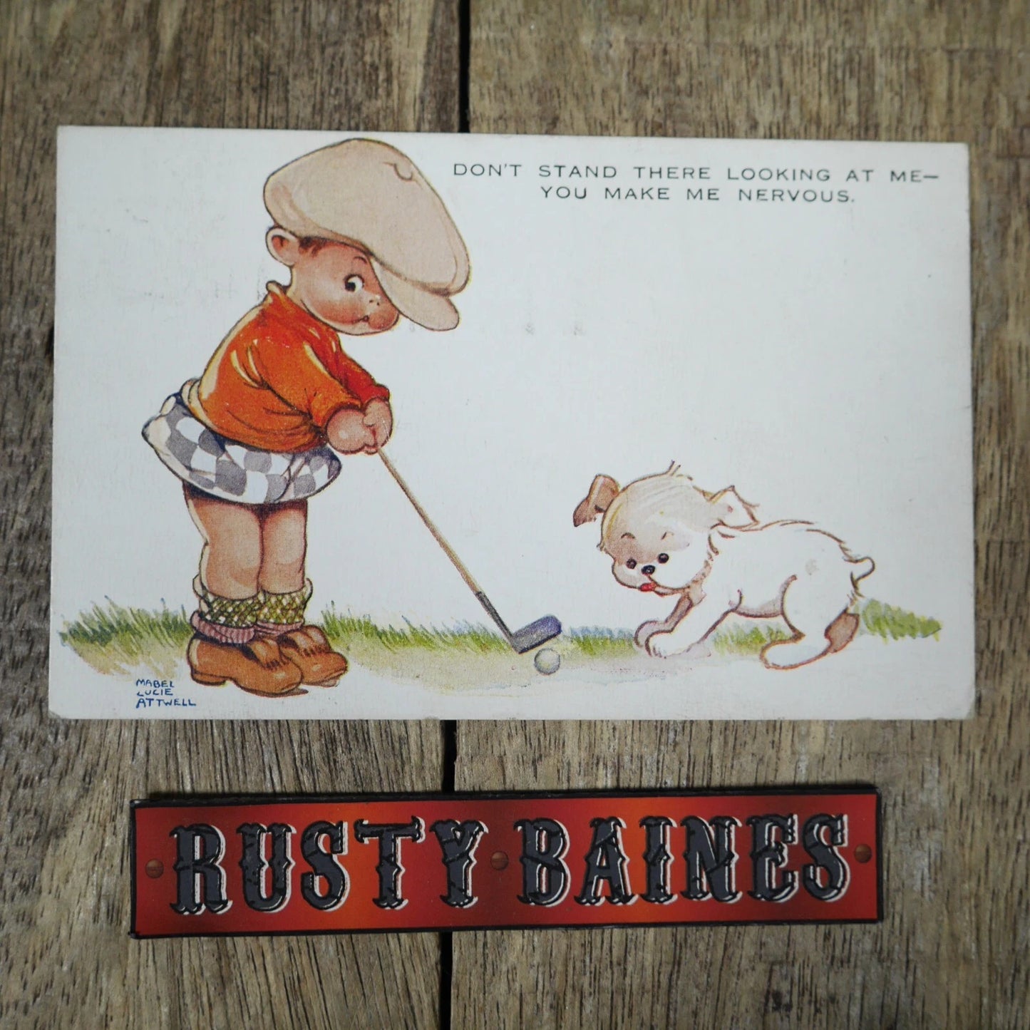 Postcard, Mabel Lucie Attwell, Nervous Golfer, Gold, Dog