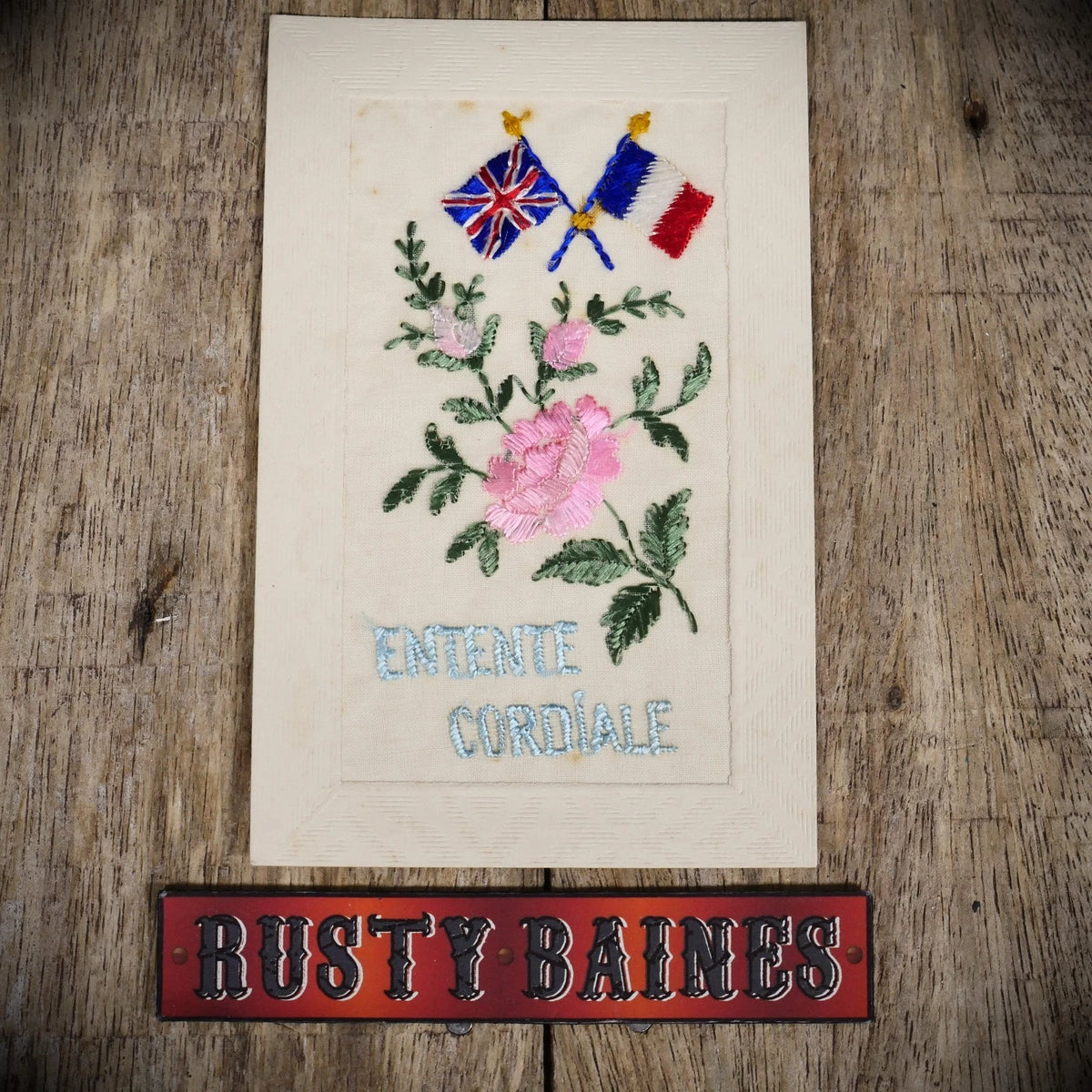 Postcard, WW1 Era Embroidered Silk, Rose, Flags, Greetings