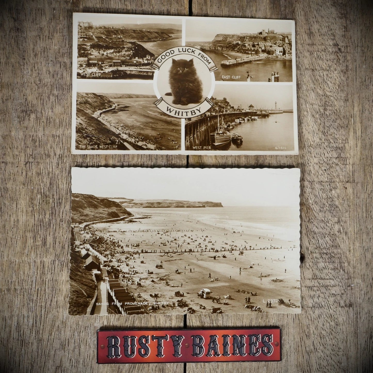 Pair of Whitby Postcards, Real Photo, 1960 Beach, Good Luck Cat