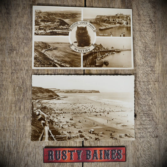 Pair of Whitby Postcards, Real Photo, 1960 Beach, Good Luck Cat