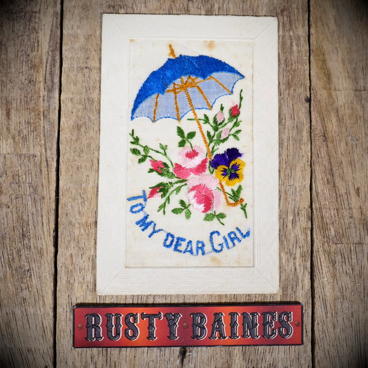 Postcard, WW1 Embroidered Silk, Miss M Page Eastbourne, Umbrella