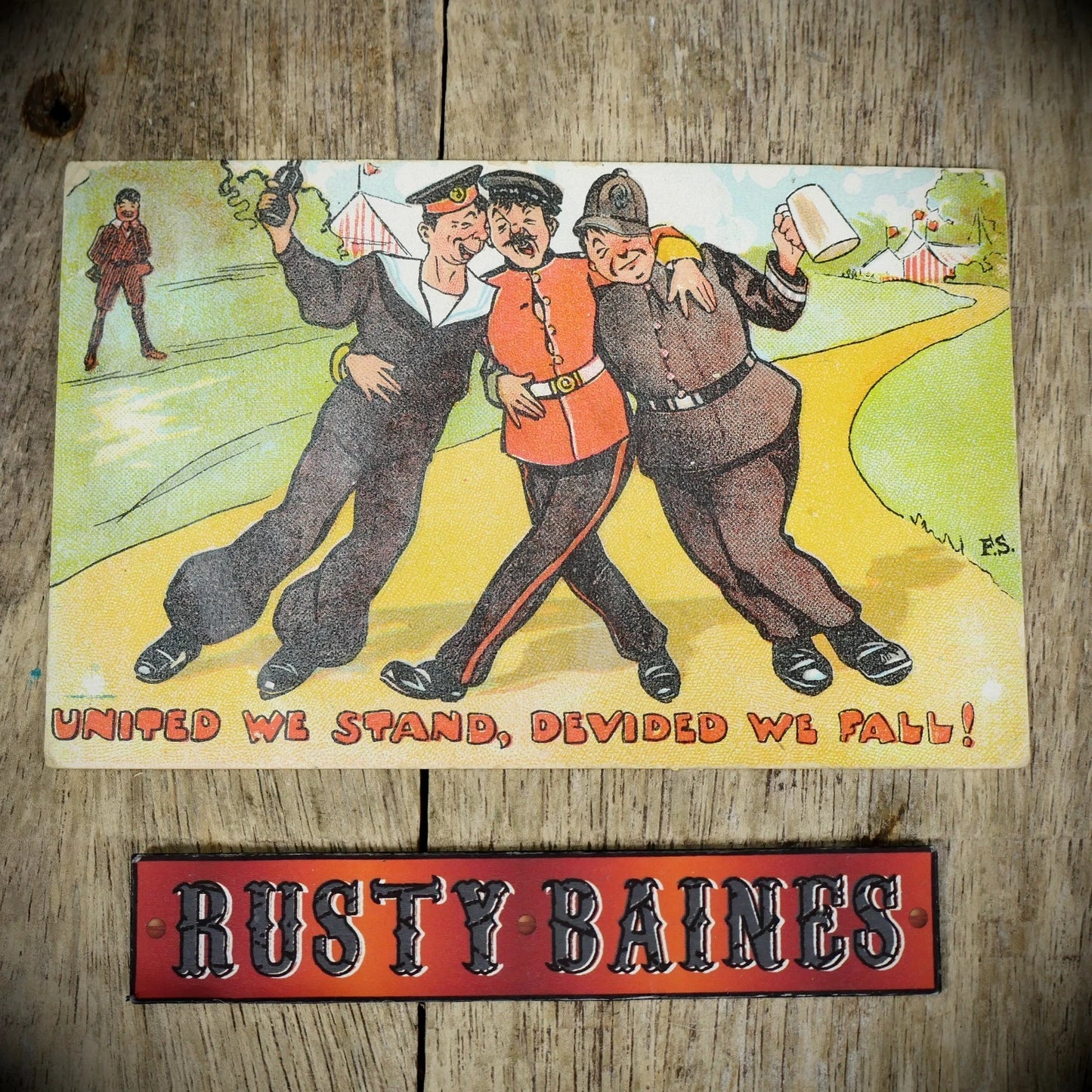 Postcard, Comic, Drunk Servicemen, Police, Navy, Army United We Stand