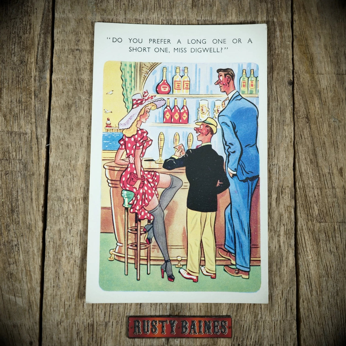 Postcard, Comic, Holiday Woman Flashing Stocking in Bar/Pub