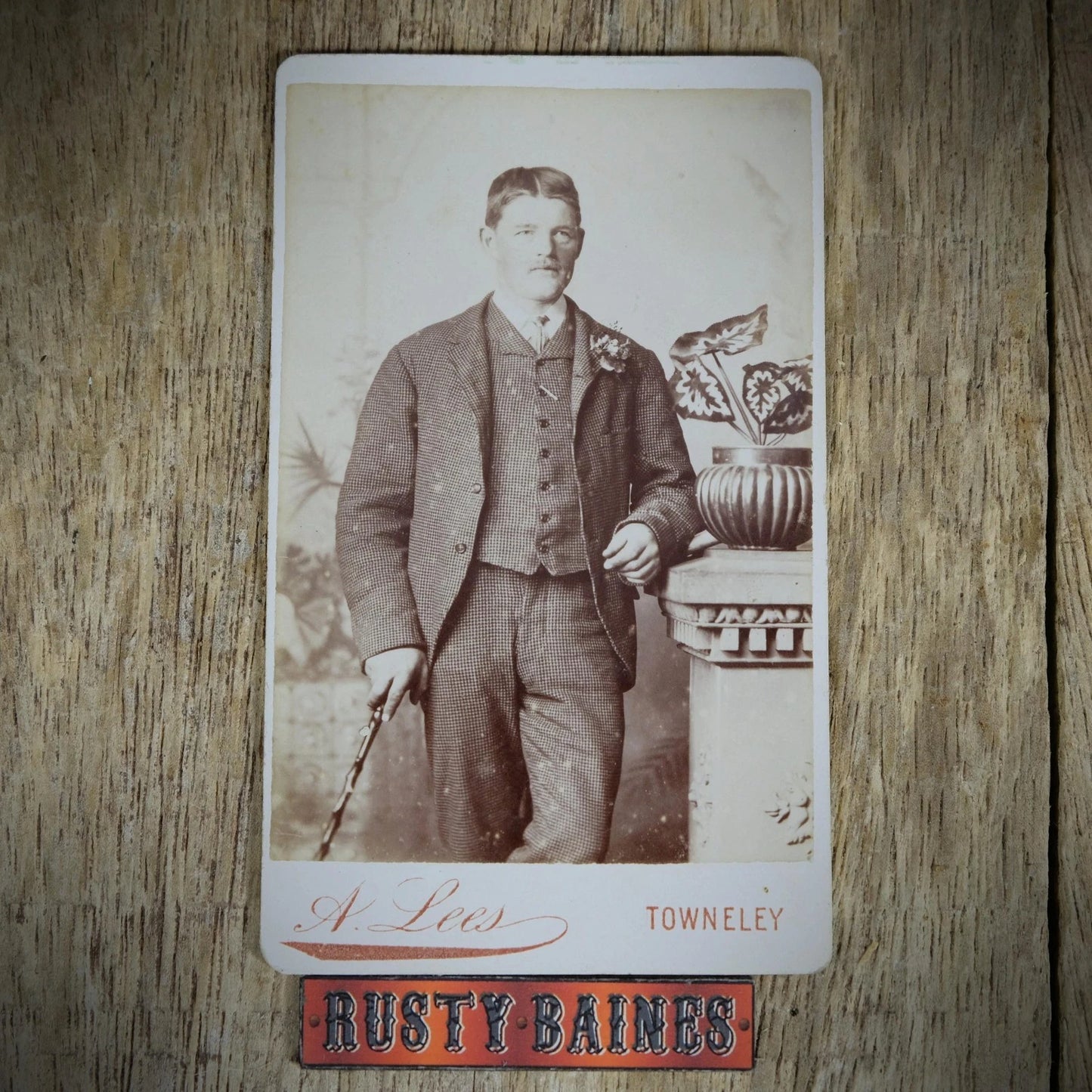Carte de Visite (CDV) Portrait of Man in Check/Dogtooth Suit & Cane, A Lees, Townley