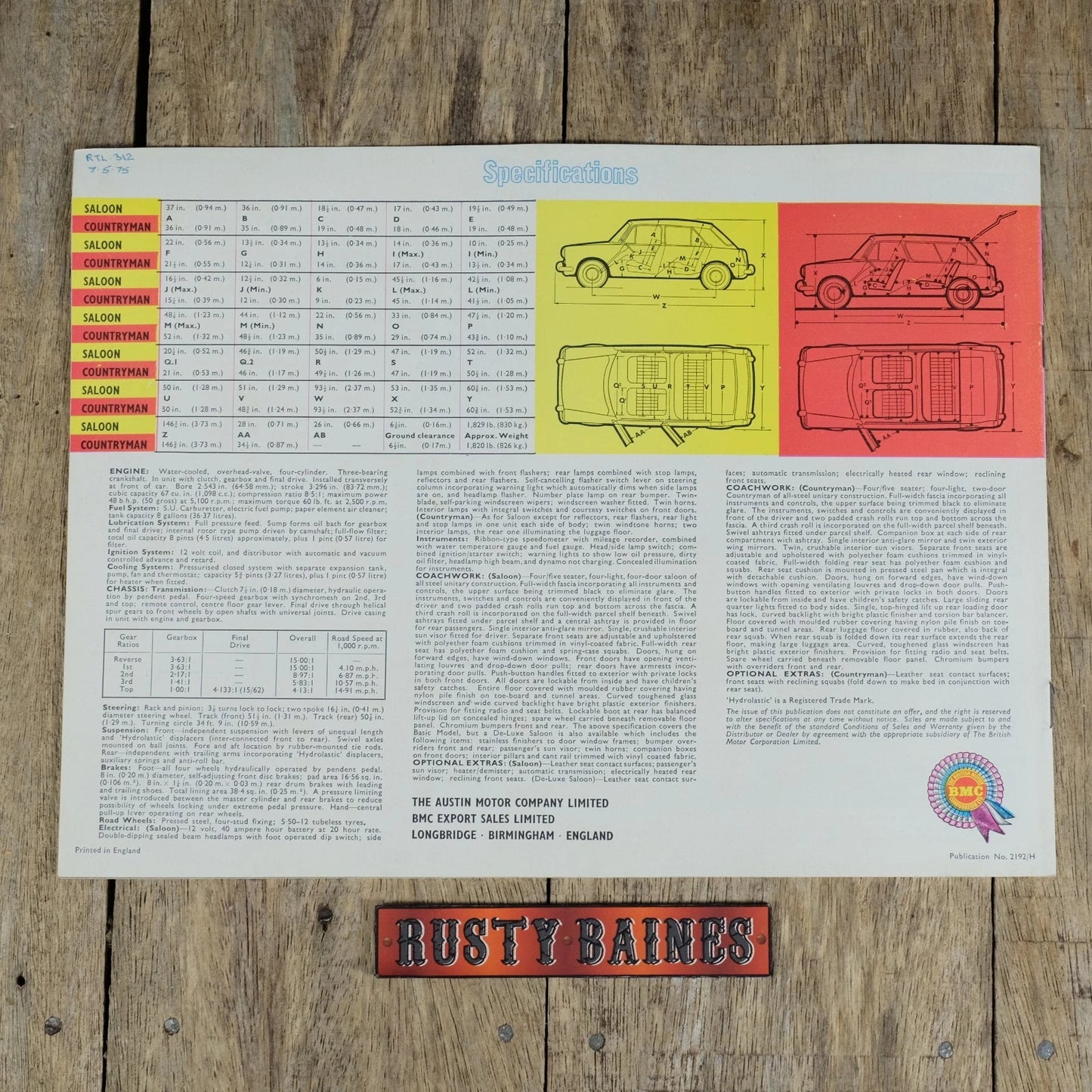 Original Car Brochure, Austin 1100 Saloon & Countryman #2192H